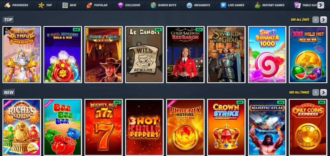 Selección de miniaturas de tragamonedas populares y en tendencia de AllySpin.